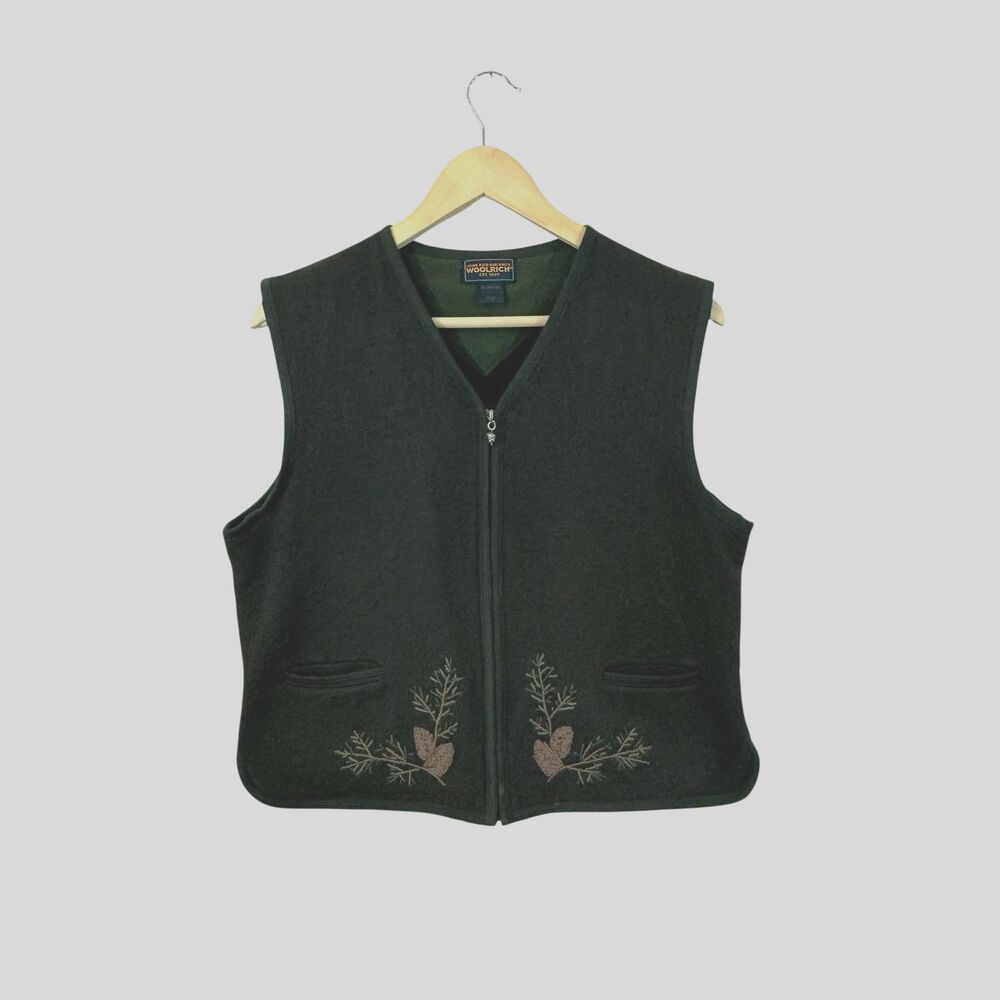 Woolrich Large Wool Zip Vest Embroidered Pinecone Sleeveless Green Womens